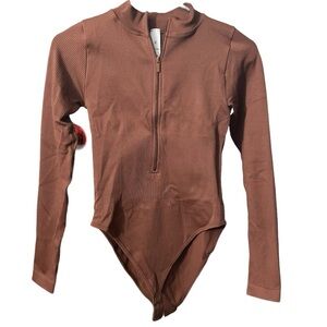 Elegant Copper Zip-Up Ribbed Bodysuit